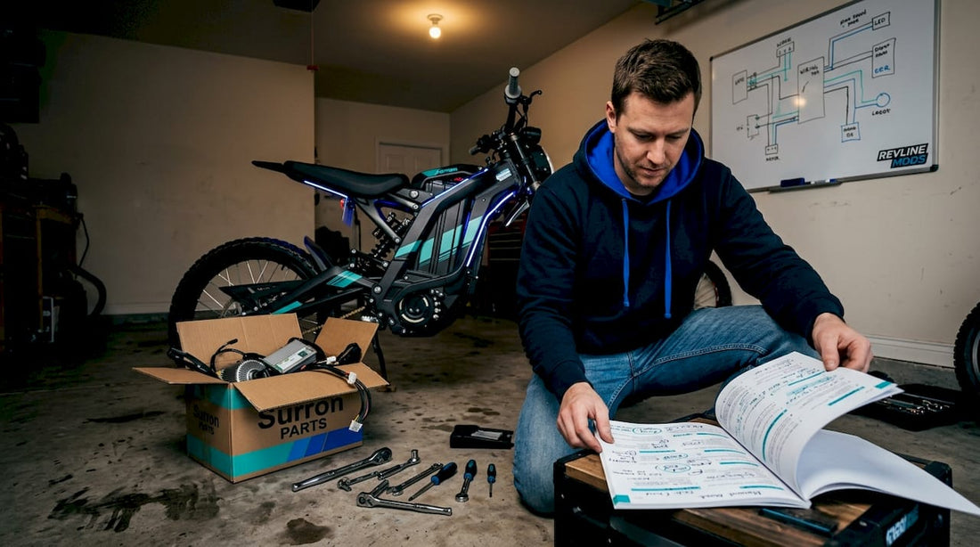 Rider reviewing electric motorcycle manual in garage