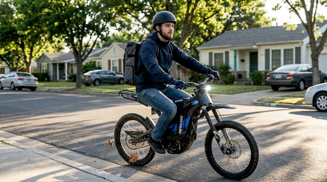 Rider commuting on Surron electric bike in city neighborhood