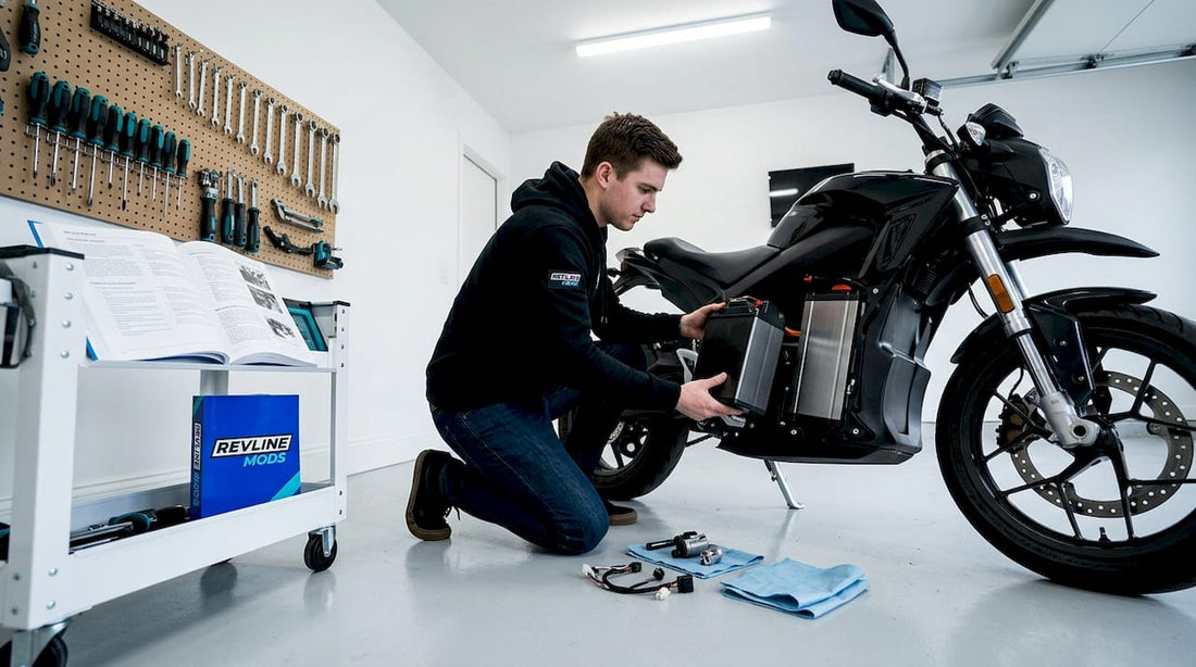 Person modifying electric motorcycle in garage