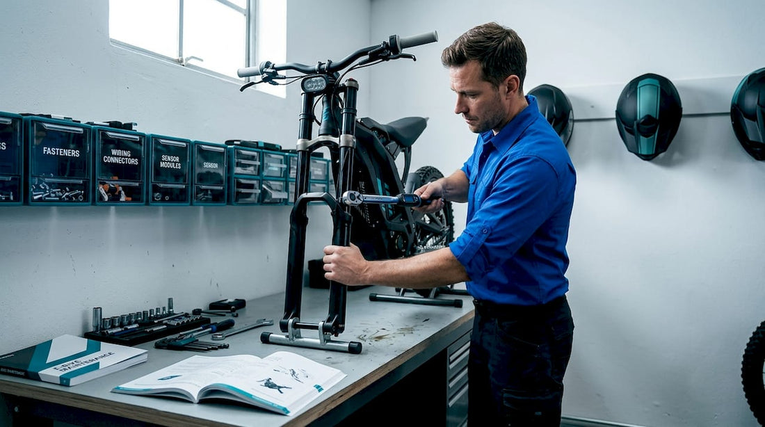 Mechanic upgrading electric off-road bike suspension