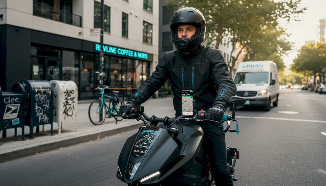 Electric motorcycle stopped at busy city street corner