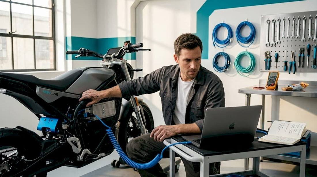 Mechanic tuning electric motorcycle controller in garage