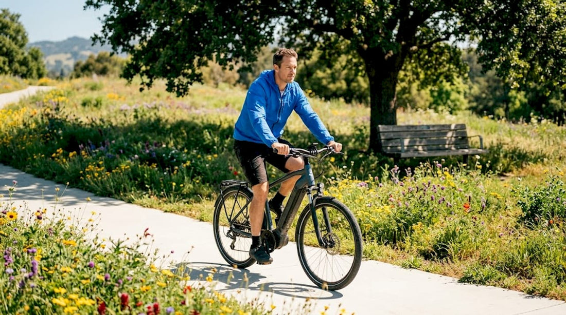 Cyclist riding electric bike uphill in sunlight