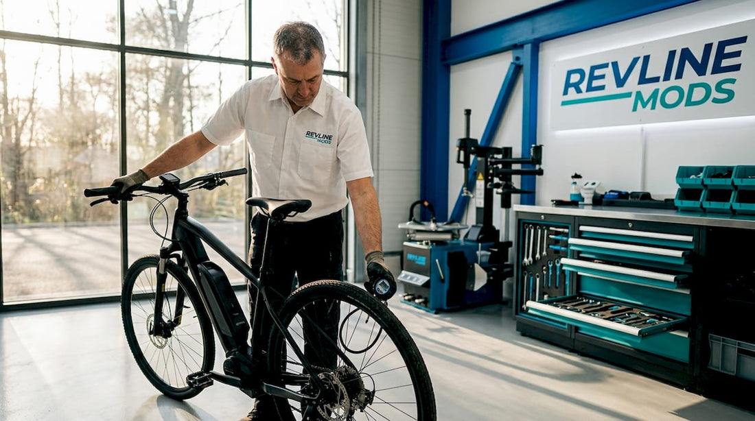 Electric bike being maintained in home garage