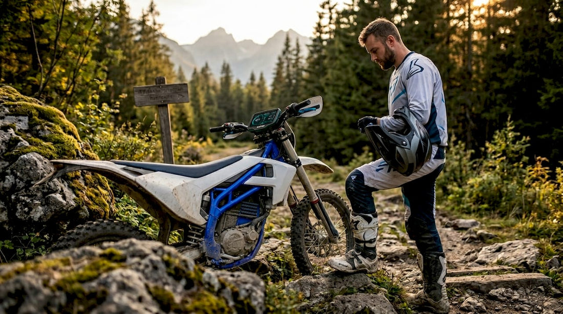 Rider checks electric off-road motorcycle at trailhead