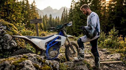 Rider checks electric off-road motorcycle at trailhead