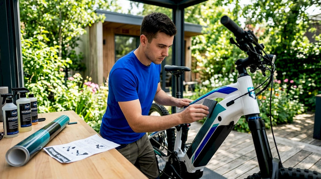 Applying vinyl graphics to electric bike in garage