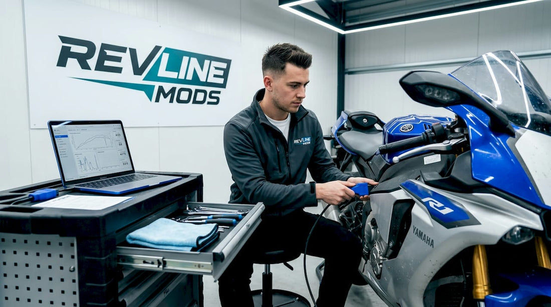 Technician tuning motorcycle ECU at workstation