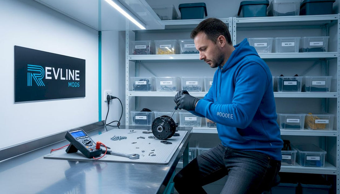 Mechanic upgrading e-bike motor in workshop