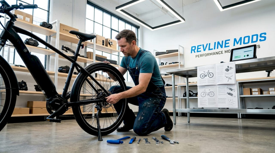 Technician inspecting electric bike in garage