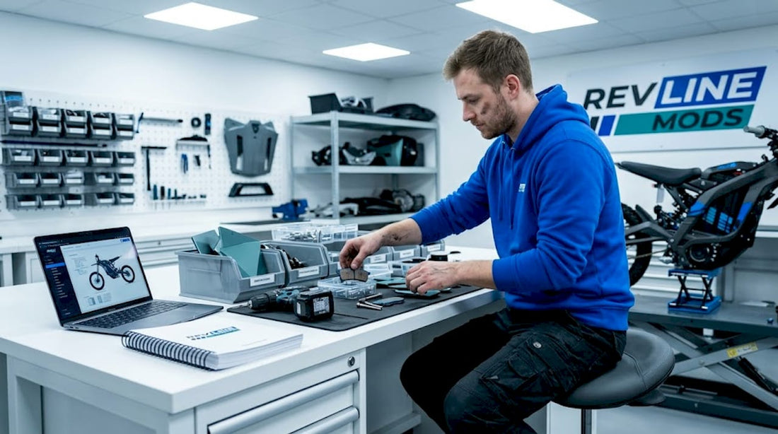 Mechanic sorting electric motorcycle parts in garage