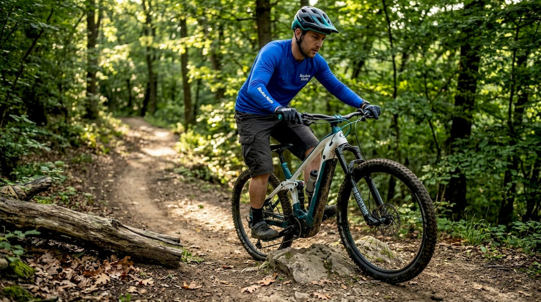 Cyclist tests e-bike suspension on uneven path